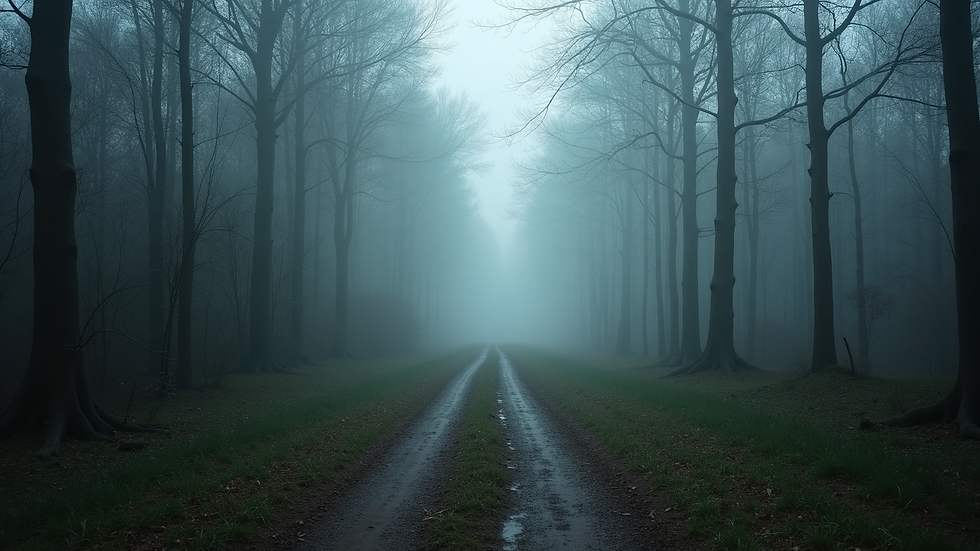 Eye-level view of a foggy forest path symbolising psychological depth and mystery