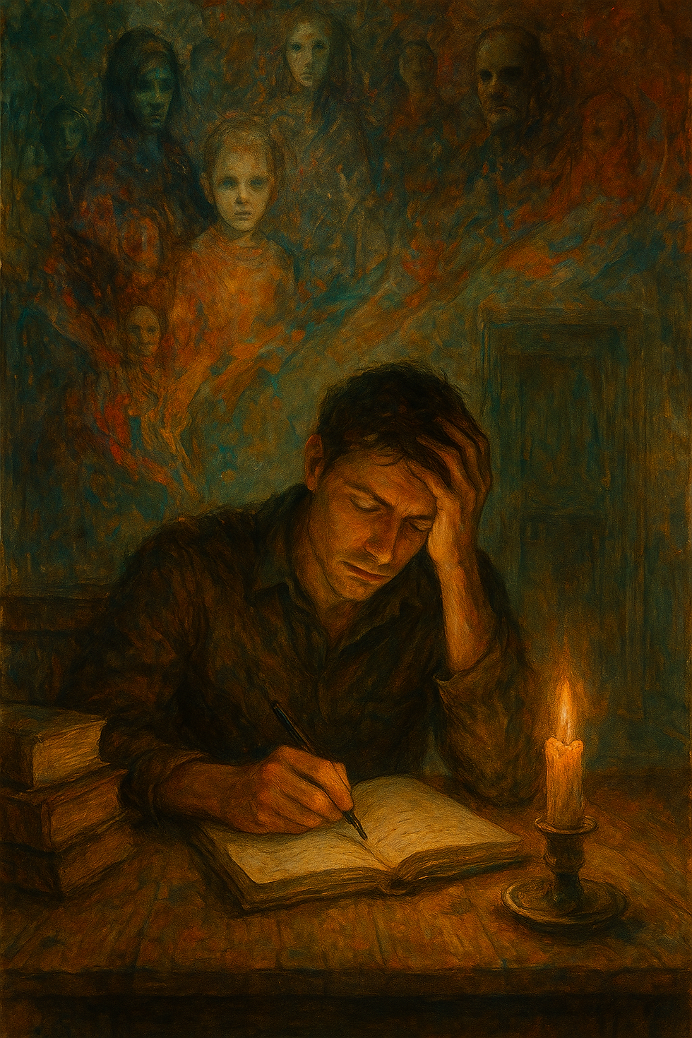 A mixed media painting of a solitary figure standing in the hallway of an old motel, with faded wallpaper and dim light evoking a sense of isolation and psychological unease. The style is expressive and surreal, matching the mood of a psychological horror narrative.