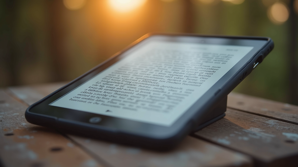 Close-up view of a digital tablet displaying an e-book cover