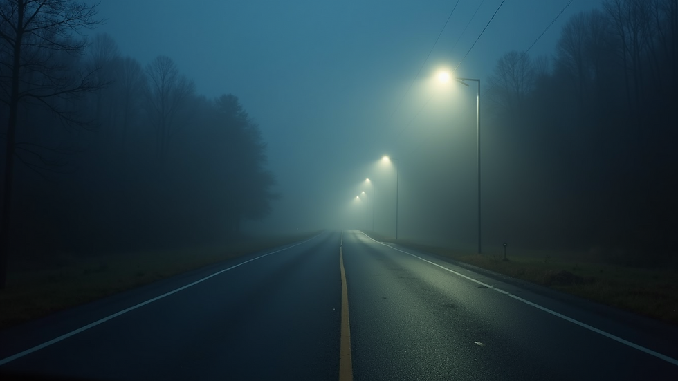 Close-up view of a foggy, deserted road at night