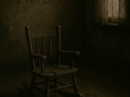 An eerie, dust-filled room with cracked plaster walls and a small wooden rocking chair in the center. A rosary hangs from the chair’s arm, and a faded photograph lies on the floor nearby. The words “I AM LILA” are faintly scratched into the wall behind, casting a shadowy, ominous atmosphere.