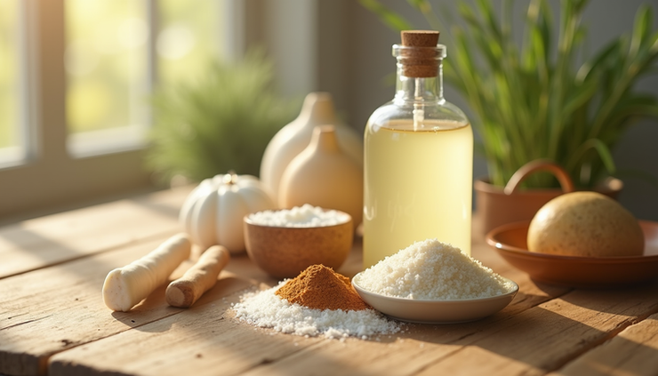 Close-up view of natural skincare ingredients arranged on a wooden surface