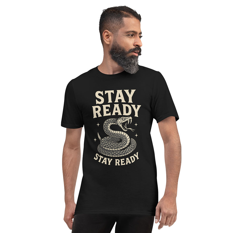 “Male model wearing a Stay Ready Snake Graphic T-Shirt, showing the front design with bold vintage rattlesnake graphic.”