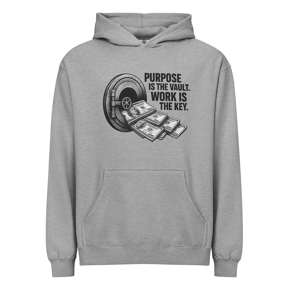 Men’s box hoodie with motivational vault design and quote “Purpose Is the Vault, Work Is the Key,” premium streetwear for men