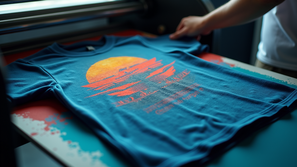 High angle view of a printing machine applying colorful design on a t-shirt