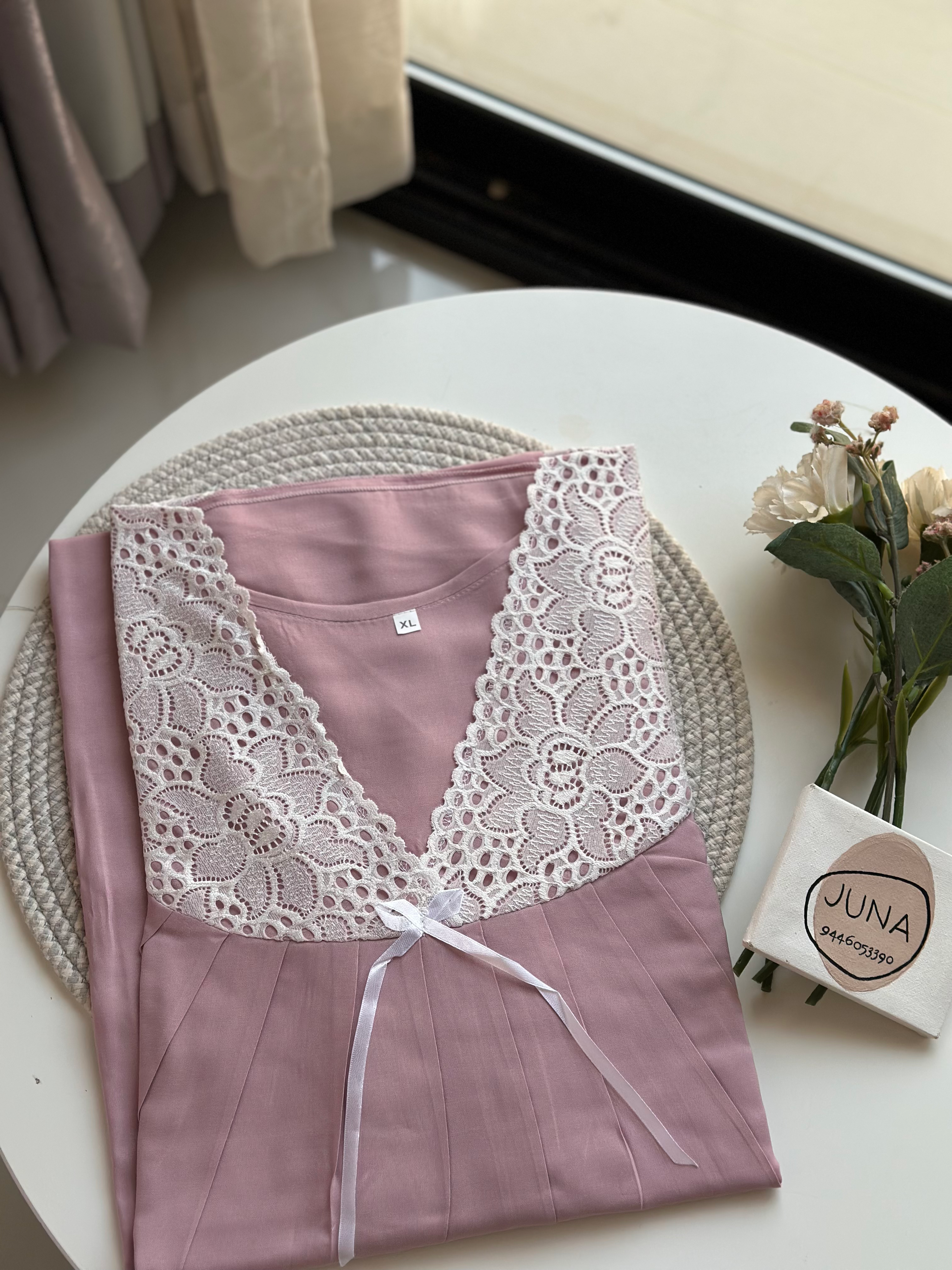 Premium Half Sleeve V-Neck Bow Lace Nighty