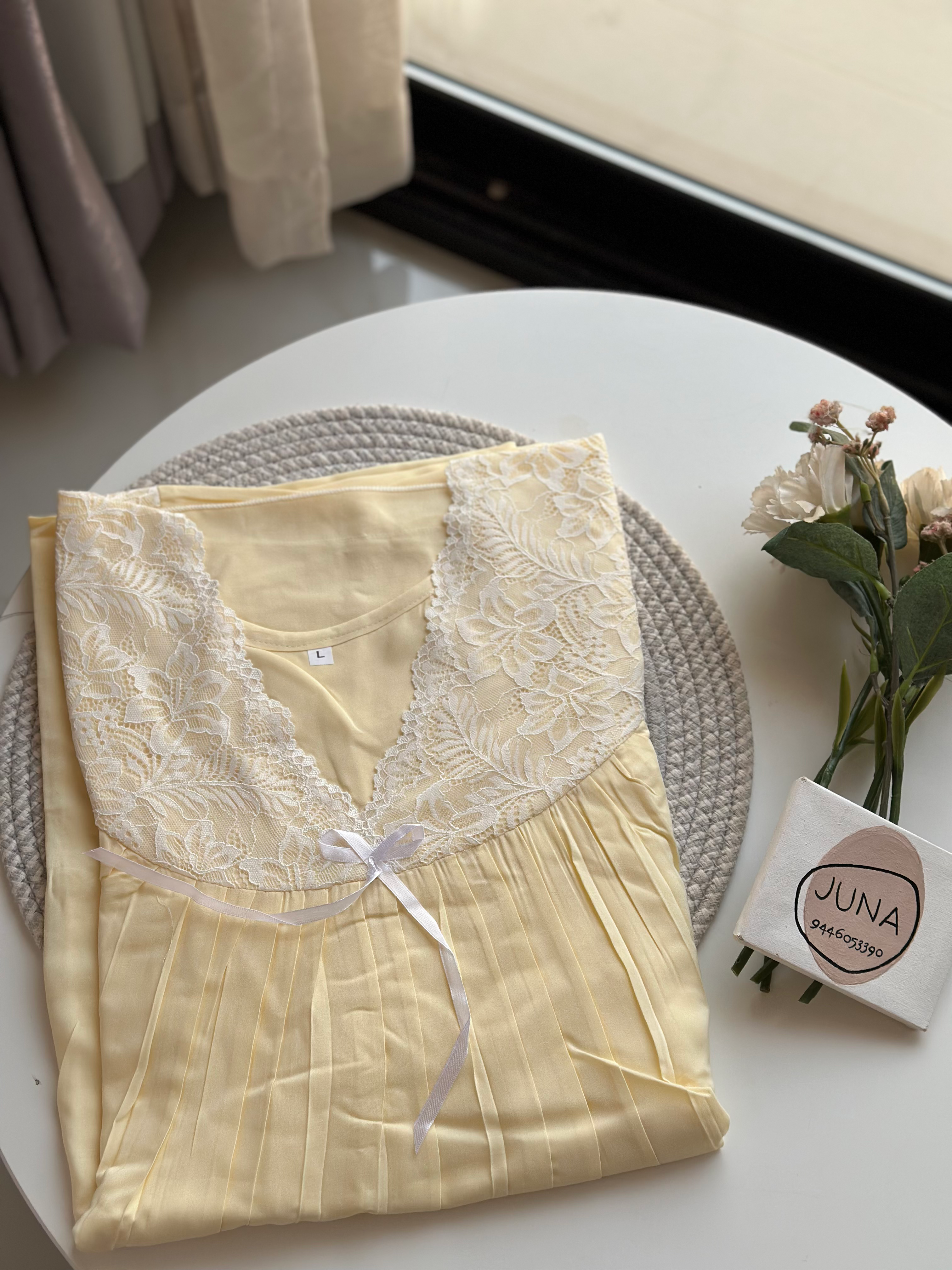 Premium Half Sleeve V-Neck Bow Lace Nighty