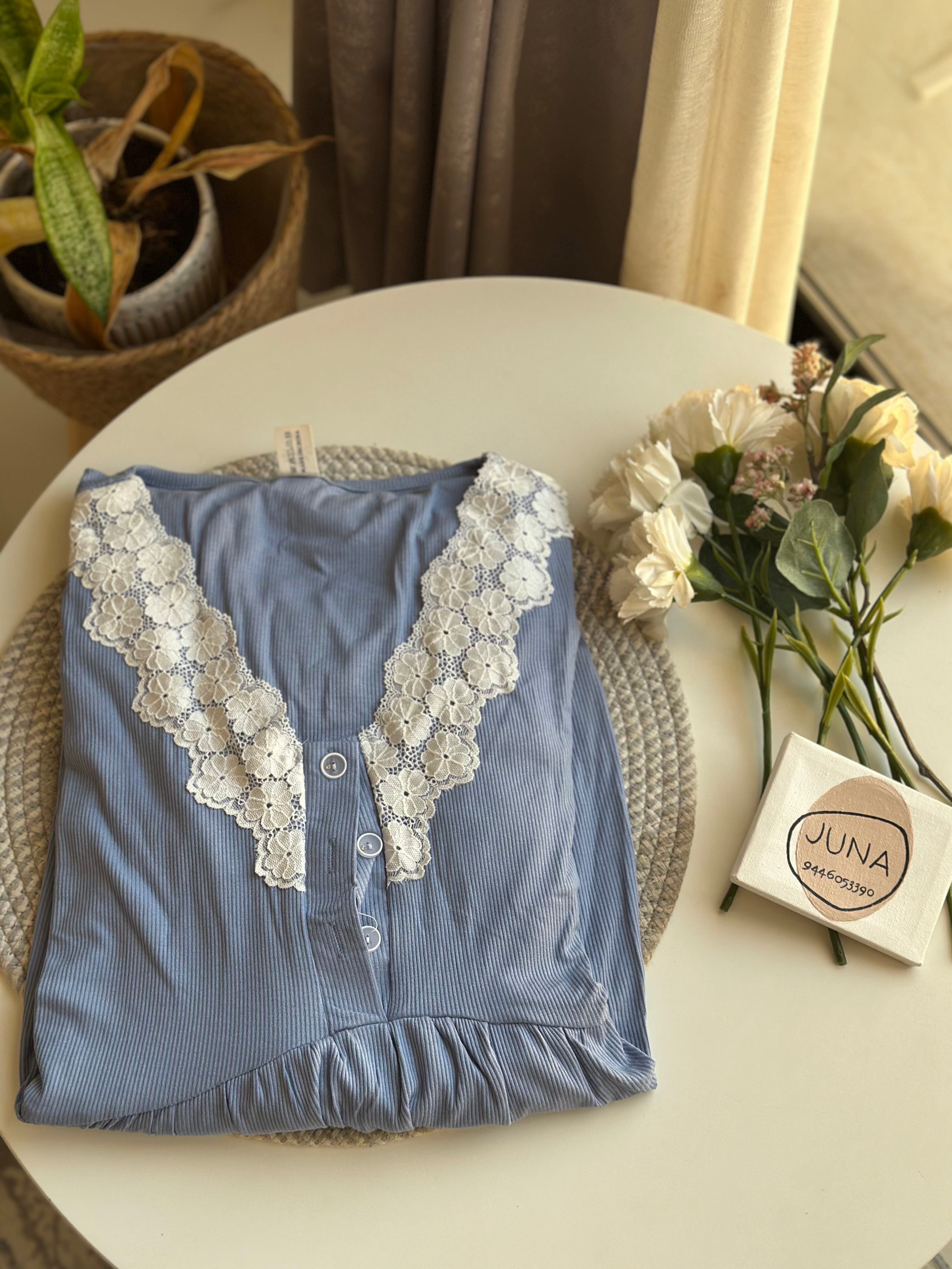 Blue Ribbed Jersey Nighty with Buttons
