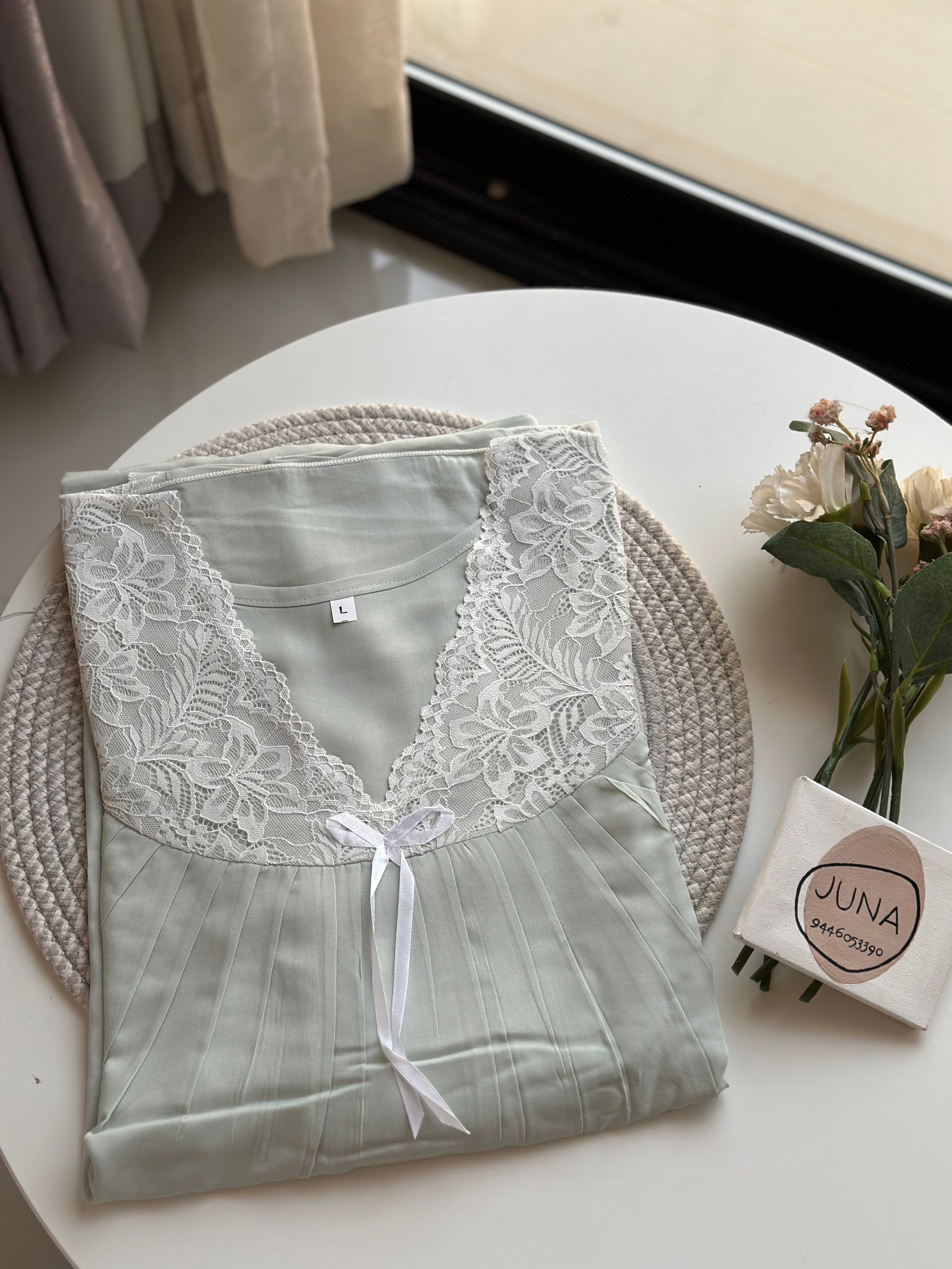 Premium Half Sleeve V-Neck Bow Lace Nighty