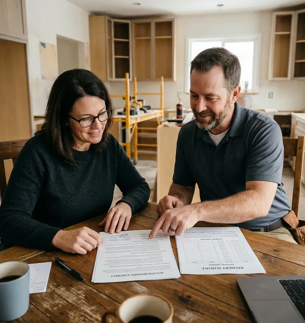 Homeowner and contractor reviewing a signed kitchen remodel contract and payment schedule