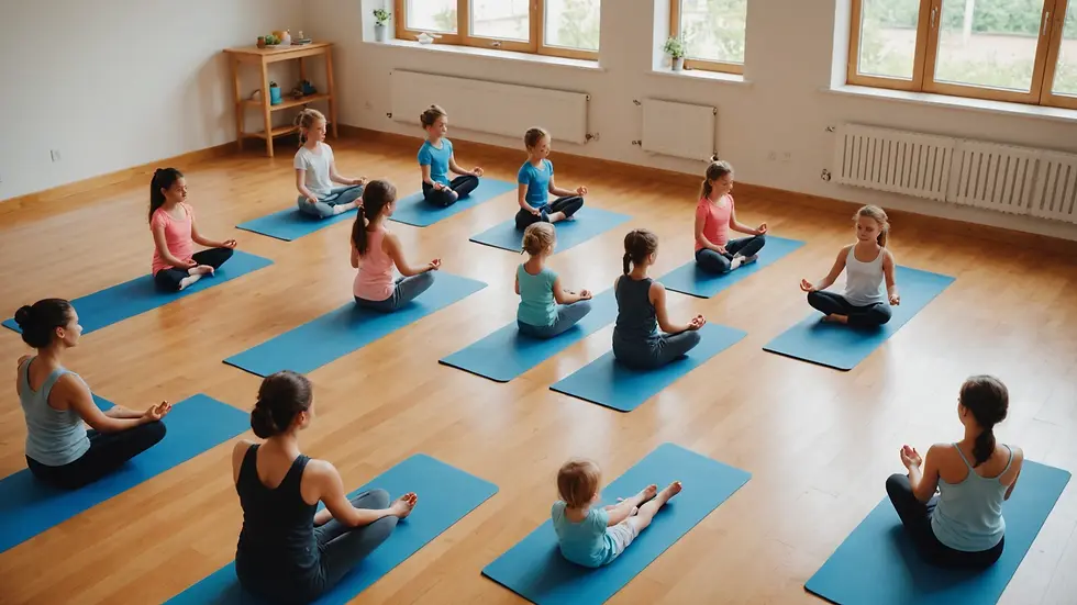 High angle view of a serene yoga class for children in a bright environment