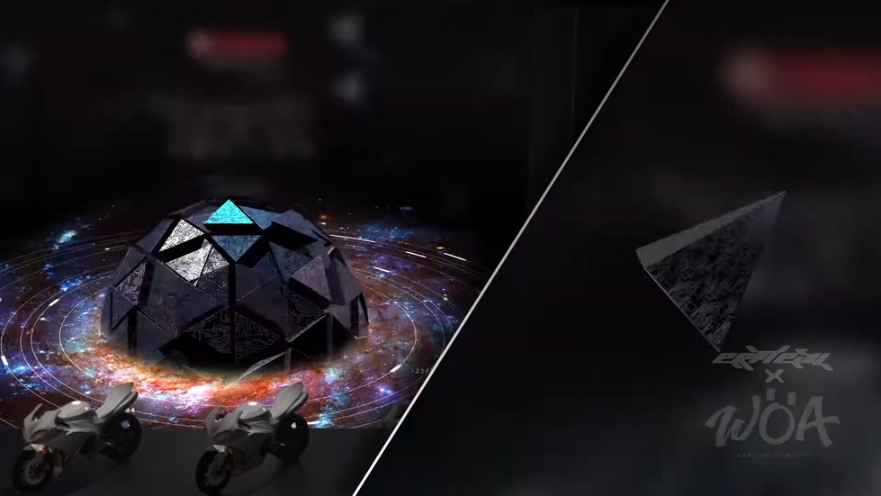 Futuristic 3D render: geometric sphere, motorcycles, and 'WOA' logo