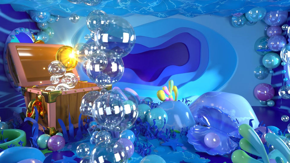 Underwater treasure chest scene with bubbles and marine life