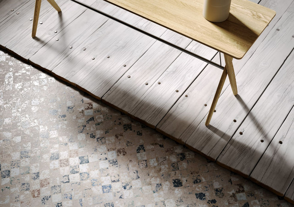 Wooden table on patterned floor