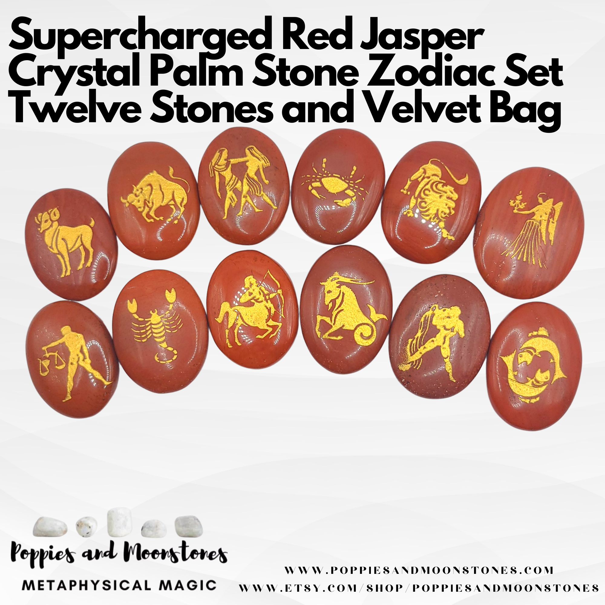 Supercharged Red Jasper Crystal Palm Stone Zodiac Set Twelve Stones Velvet Bag
