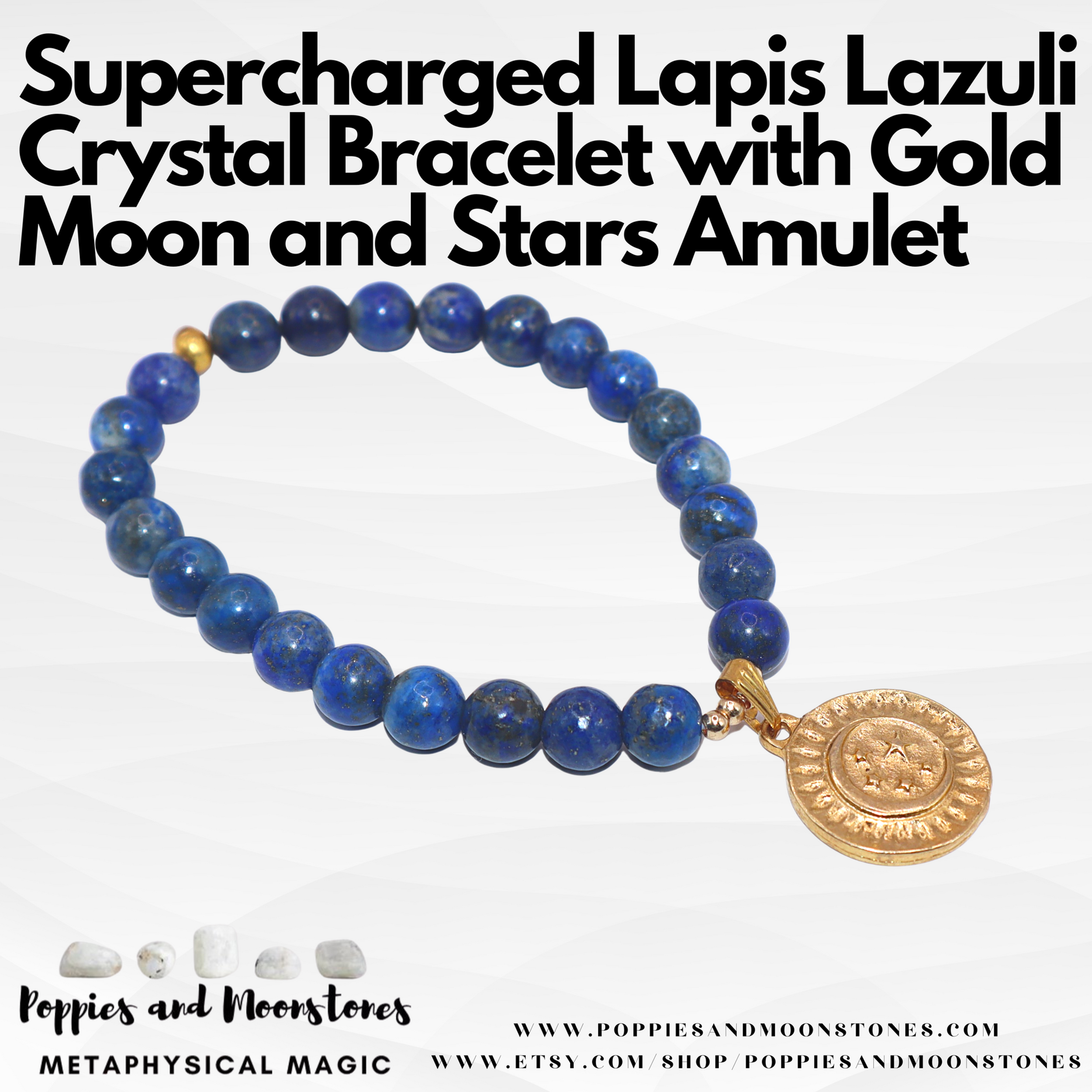 Supercharged Lapis Lazuli Crystal Bracelet with Gold Moon and Stars Amulet