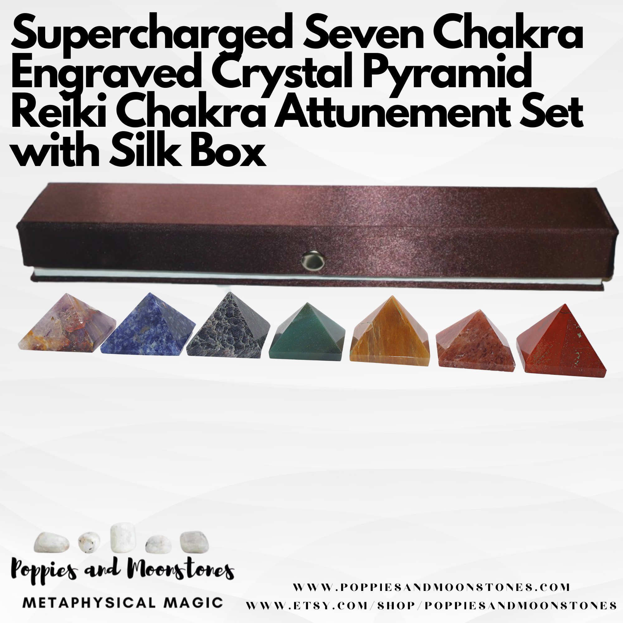 Supercharged Seven Chakra Engraved Crystal Pyramid Reiki Chakra Attunement Set