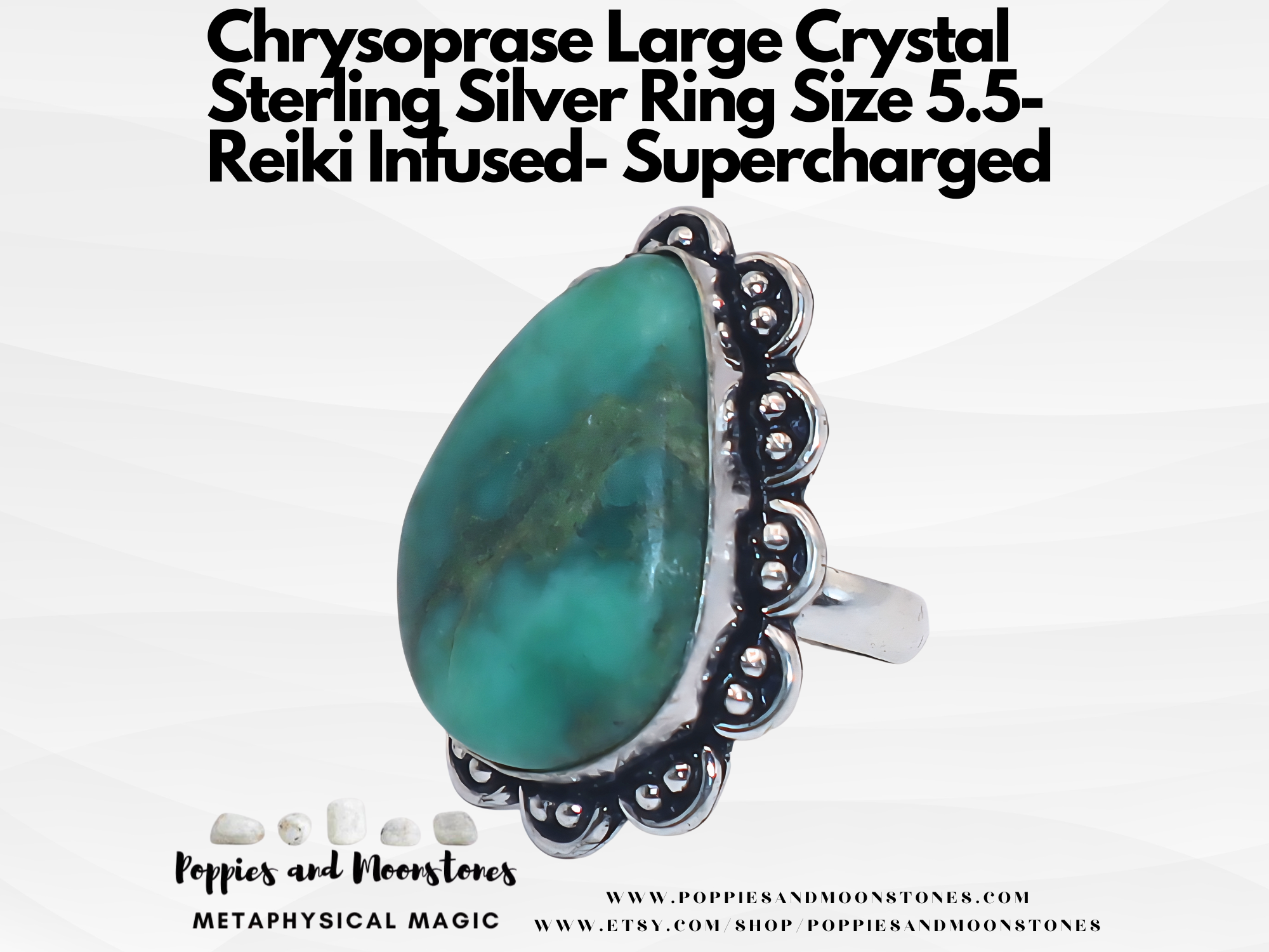 Chrysoprase Large Crystal Sterling Silver Ring Size 5.5 Reiki Infuse Supercharge