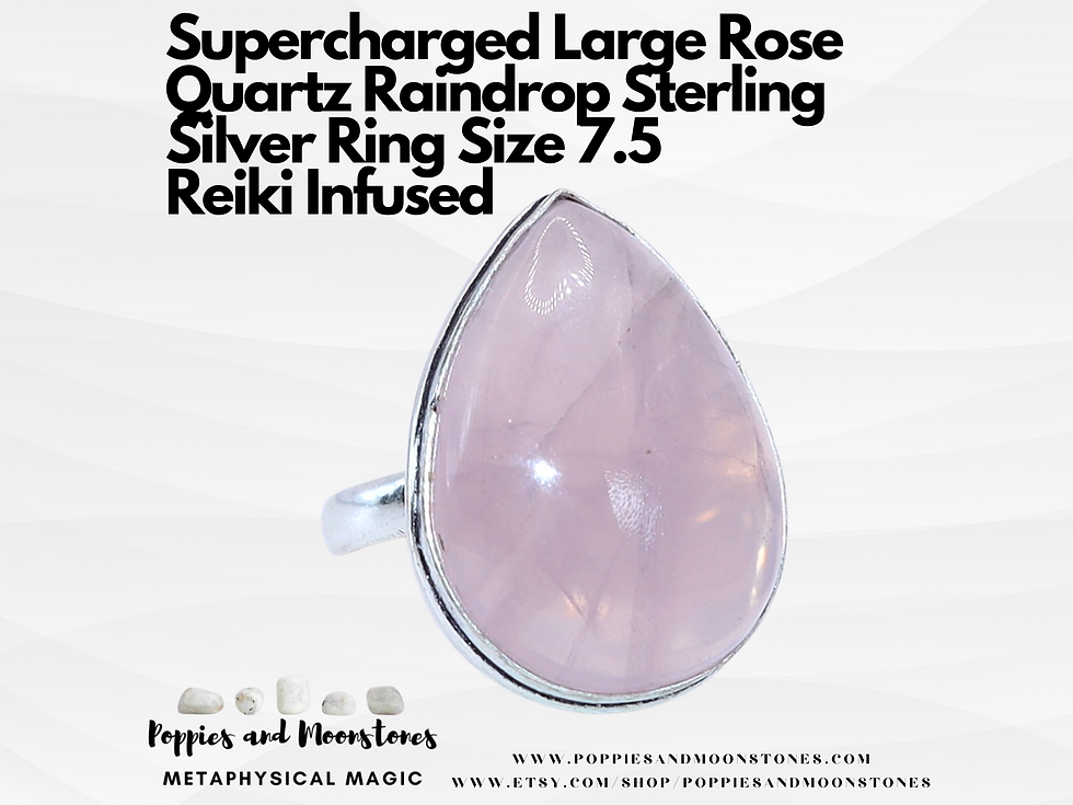 Supercharged Large Rose Quartz Raindrop Sterling Silver Ring Size 7.5 Reiki Infu