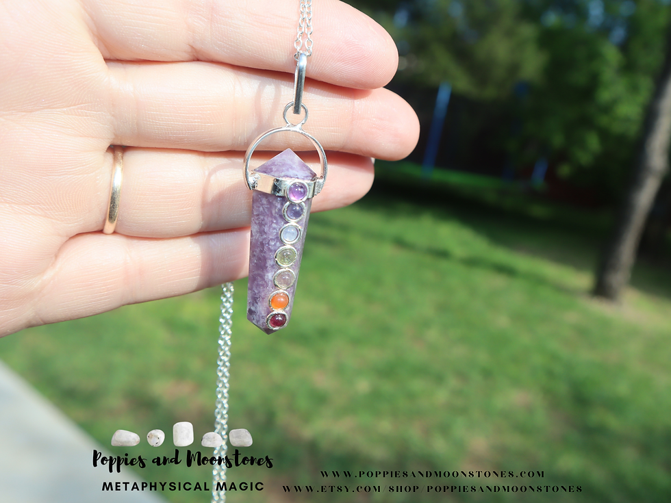 Thumbnail: Lepidolite Double Terminated Crystal with Chakra Stones Silver Necklace- Reiki