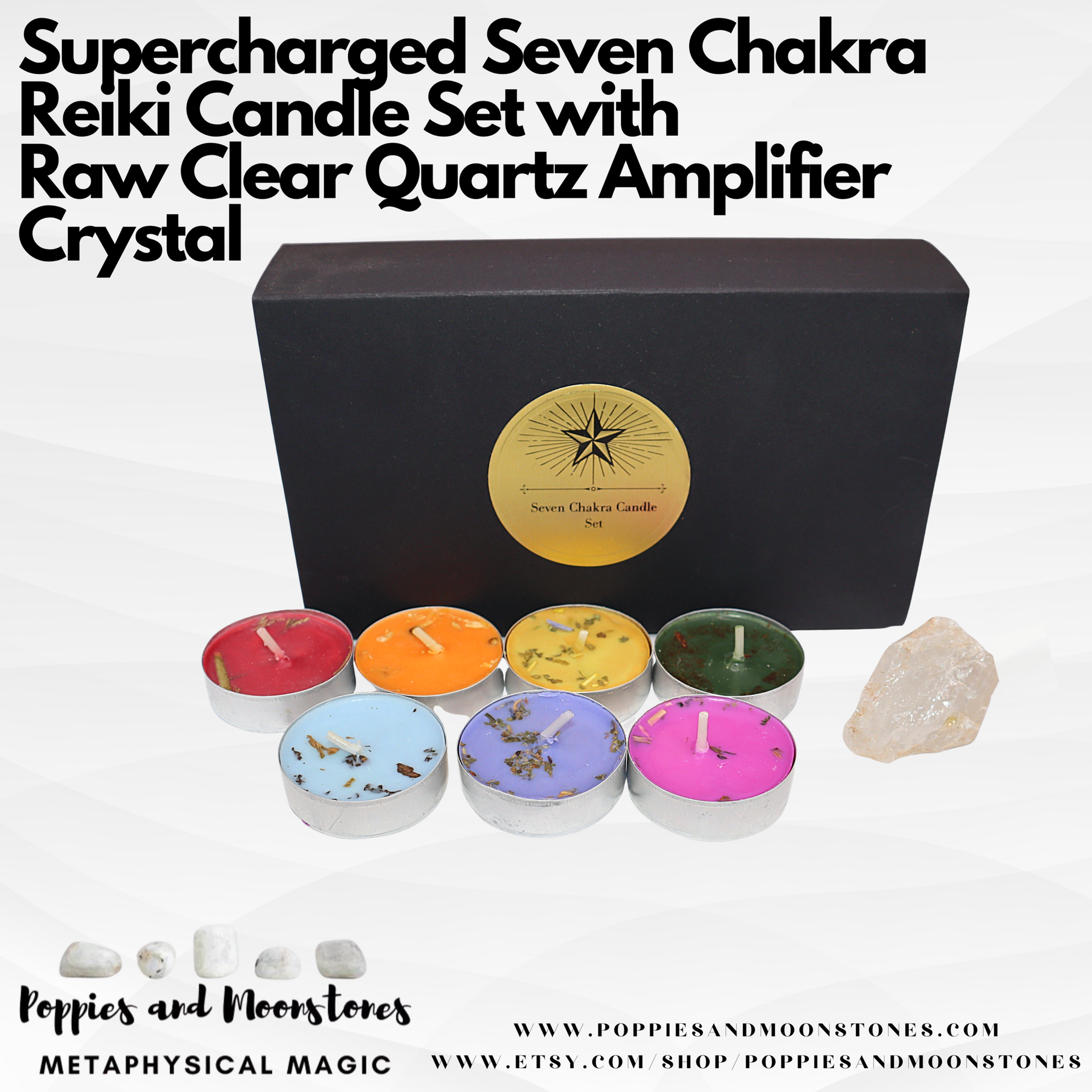 Supercharged Seven Chakra Reiki Candle Set with Raw Clear Quartz Amplifier