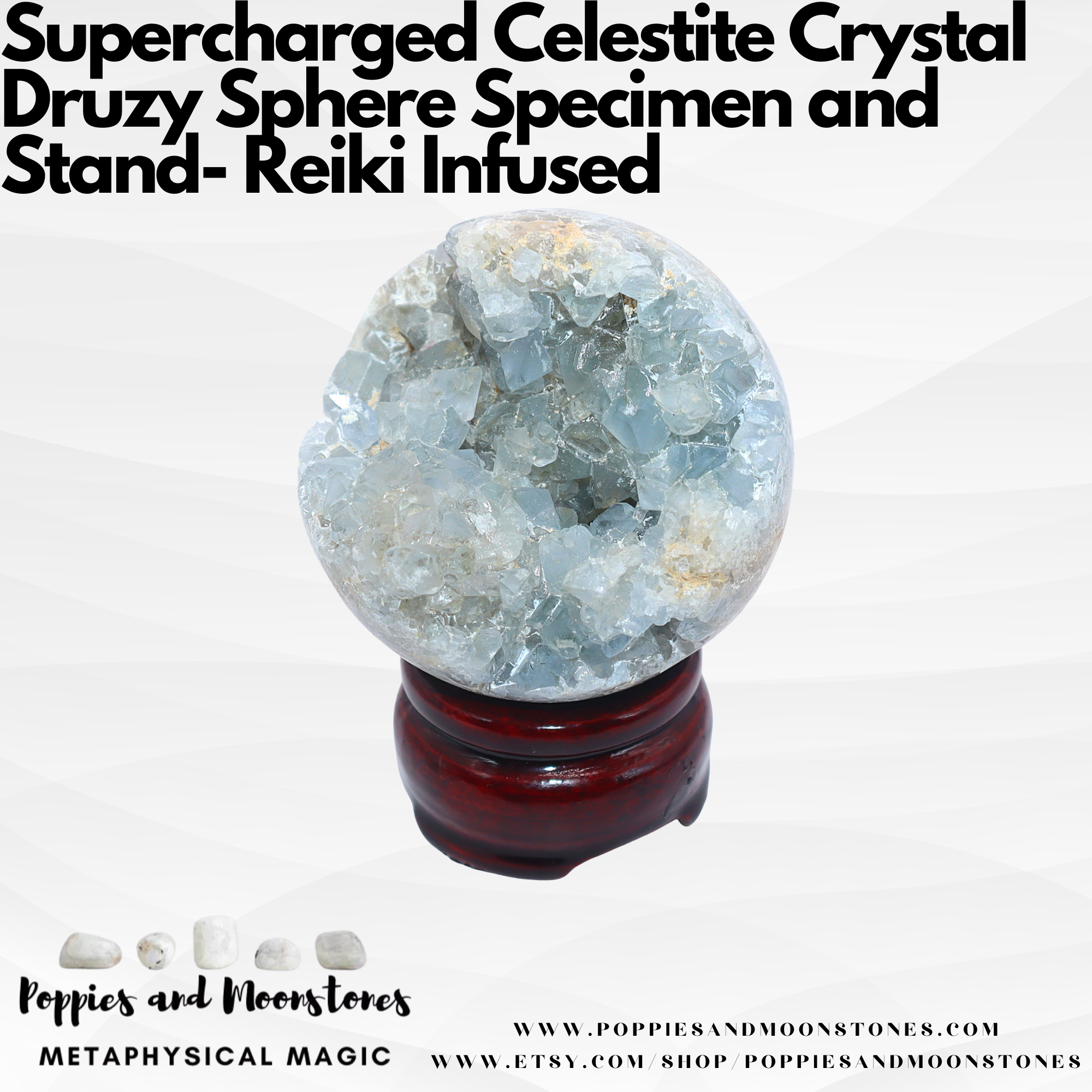 Supercharged Celestite Crystal Druzy Sphere Specimen and Stand- Reiki Infused