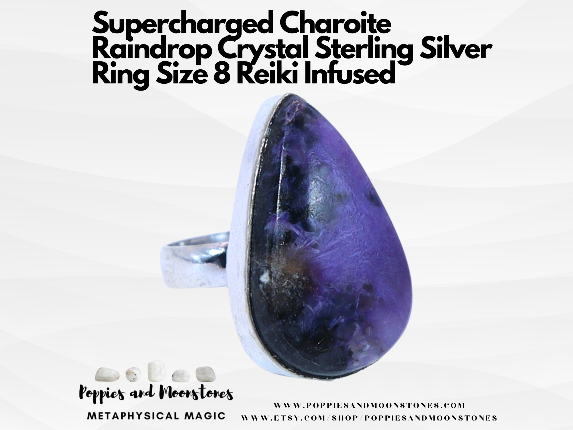 Supercharged Charoite Raindrop Crystal Sterling Silver Ring Size 8 Reiki Infused