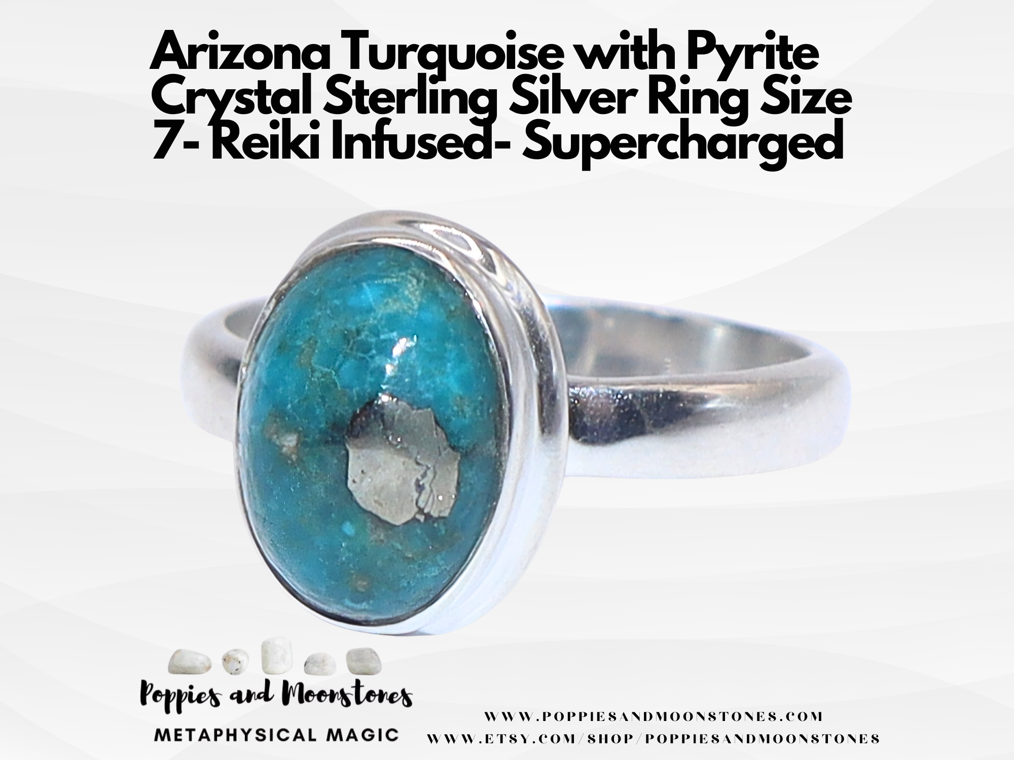 Arizona Turquoise with Pyrite  Crystal Sterling Silver Ring Size 7- Reiki Infuse