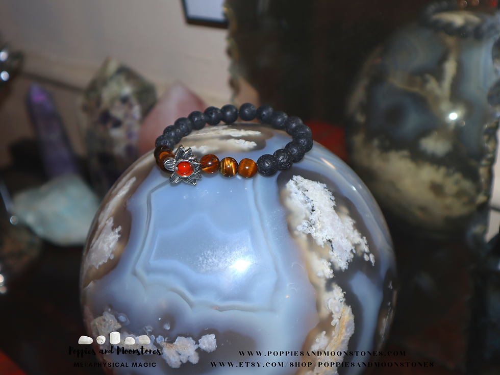 Thumbnail: Lotus Empowerment Crystal Bracelet with Tiger’s Eye, Lava Stone, and Carnelian 