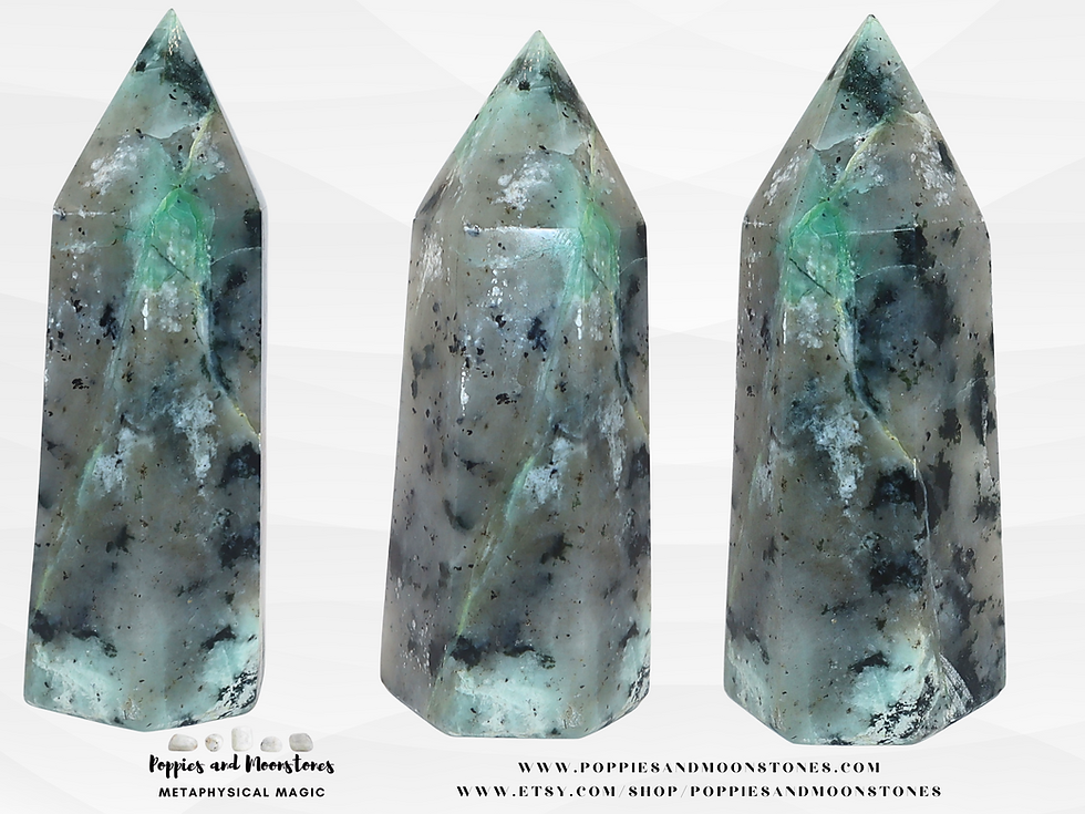 Thumbnail: Garnierite Gemmy Green Moonstone Tower Obelisk Generator with Tourmaline- Reiki