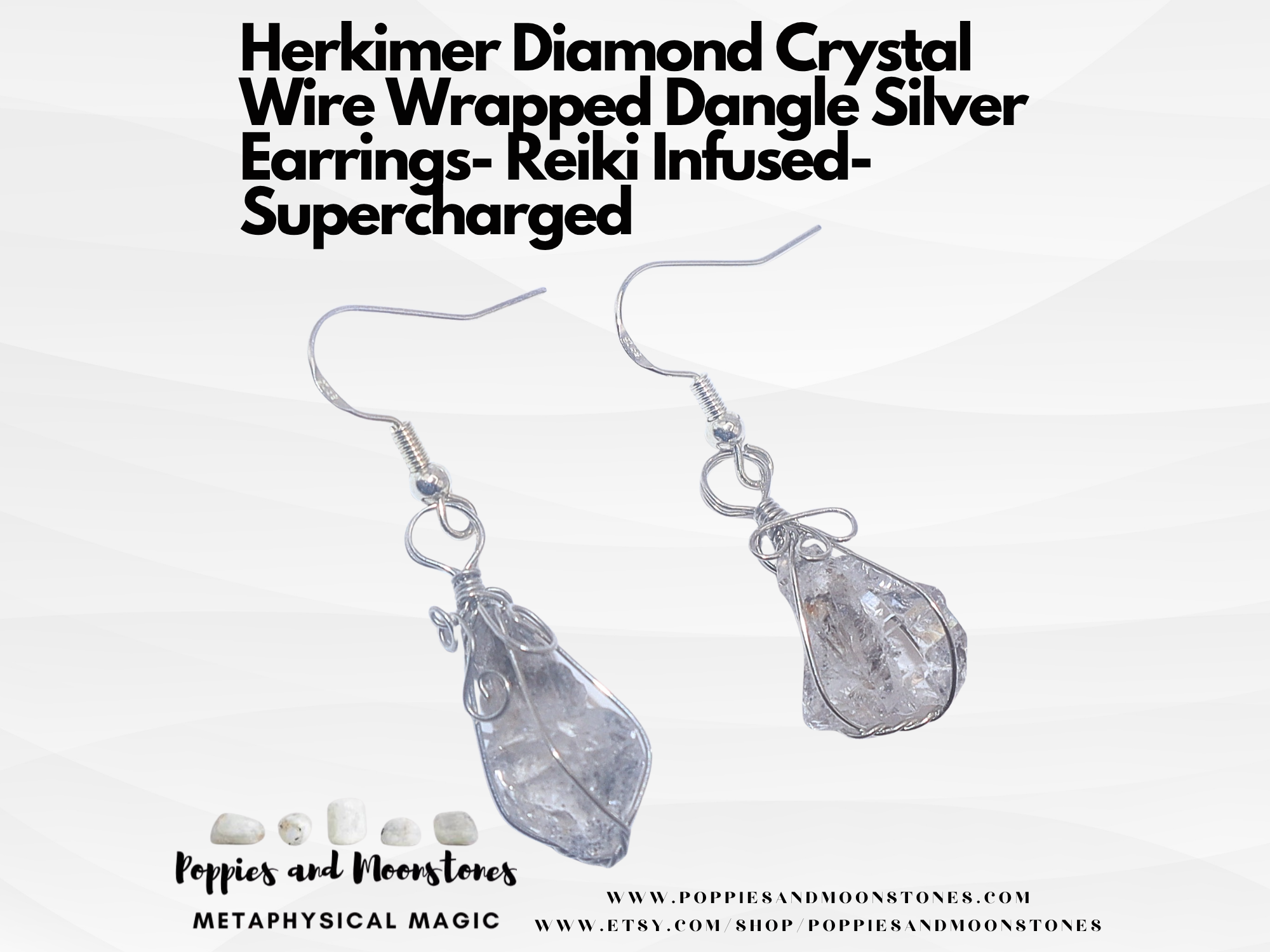 Herkimer Diamond Crystal Wire Wrapped Dangle Silver Earrings- Reiki Infused
