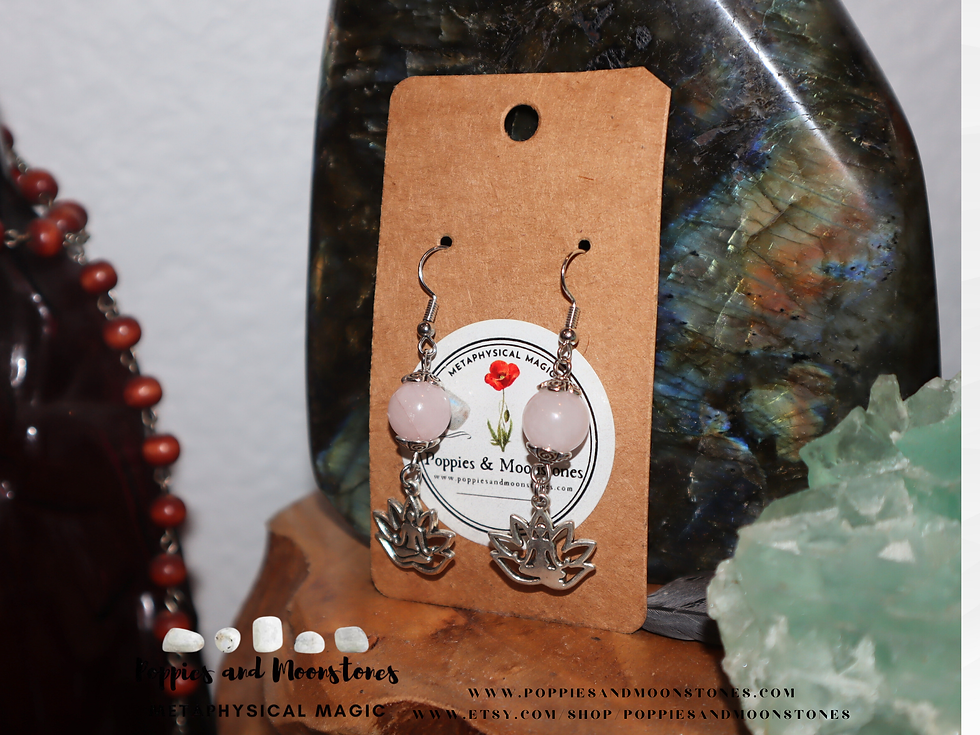 Thumbnail: Rose Quartz Buddha Yoga Lotus Dangle Crystal Silver Earrings- Reiki Infused
