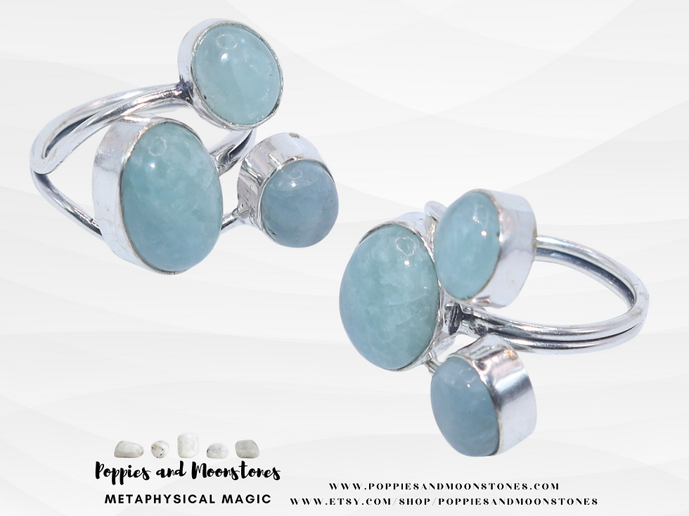 Thumbnail: Aquamarine Three Crystal Adjustable Sterling Silver Ring- Reiki Infused
