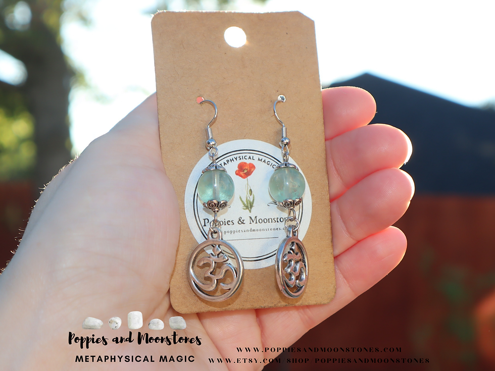 Thumbnail: Green Fluorite Crystal Om Dangle Silver Earrings- Reiki Infused- Supercharged