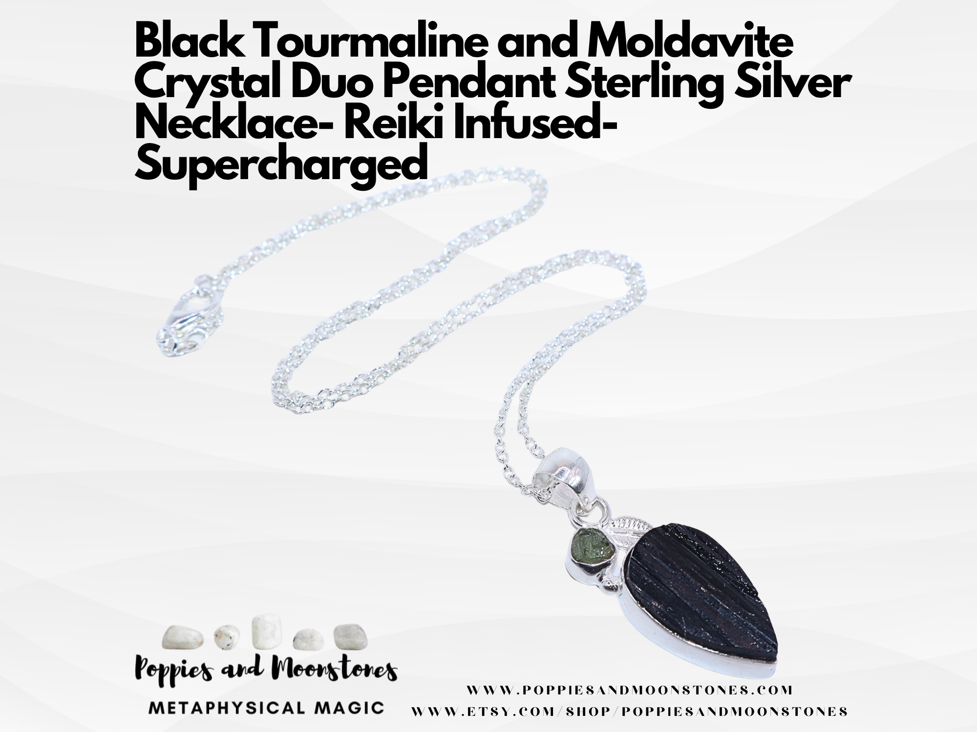 Black Tourmaline and Moldavite Crystal Pendant Sterling Silver Necklace Reiki