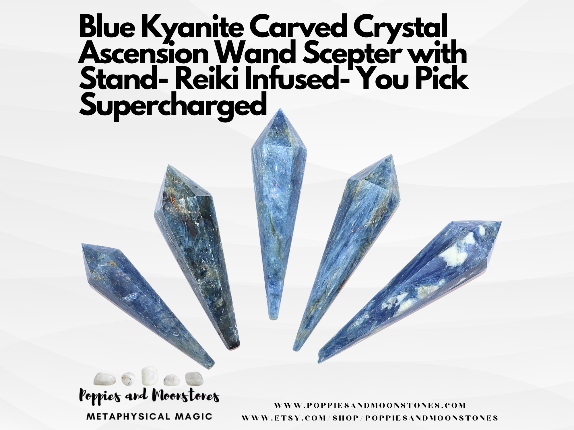 Blue Kyanite Carved Crystal Ascension Wand Scepter with Stand- Reiki Infused