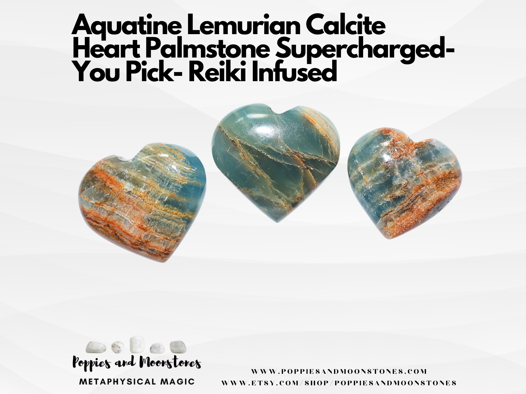 Aquatine Lemurian Calcite Heart Palmstone Supercharged- You Pick- Reiki Infused