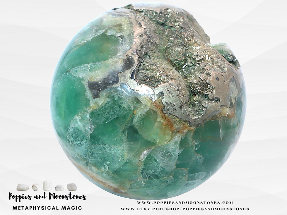 Thumbnail: Supercharged Huge Green Fluorite and Pyrite Crystal Sphere Specimen Reiki Infuse