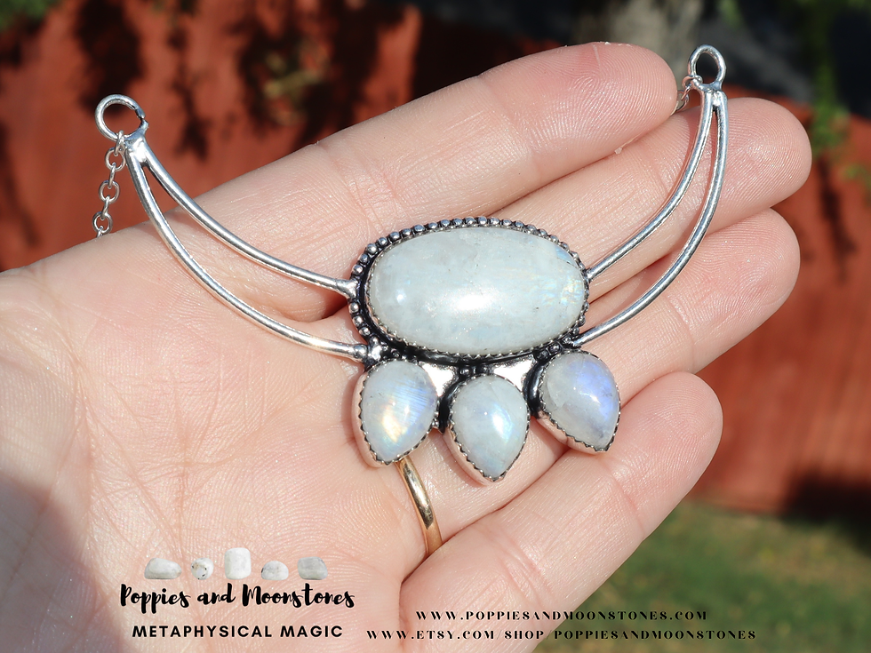 Thumbnail: Blue Moonstone Flashy Four Crystal Large Sterling Silver Necklace Supercharged
