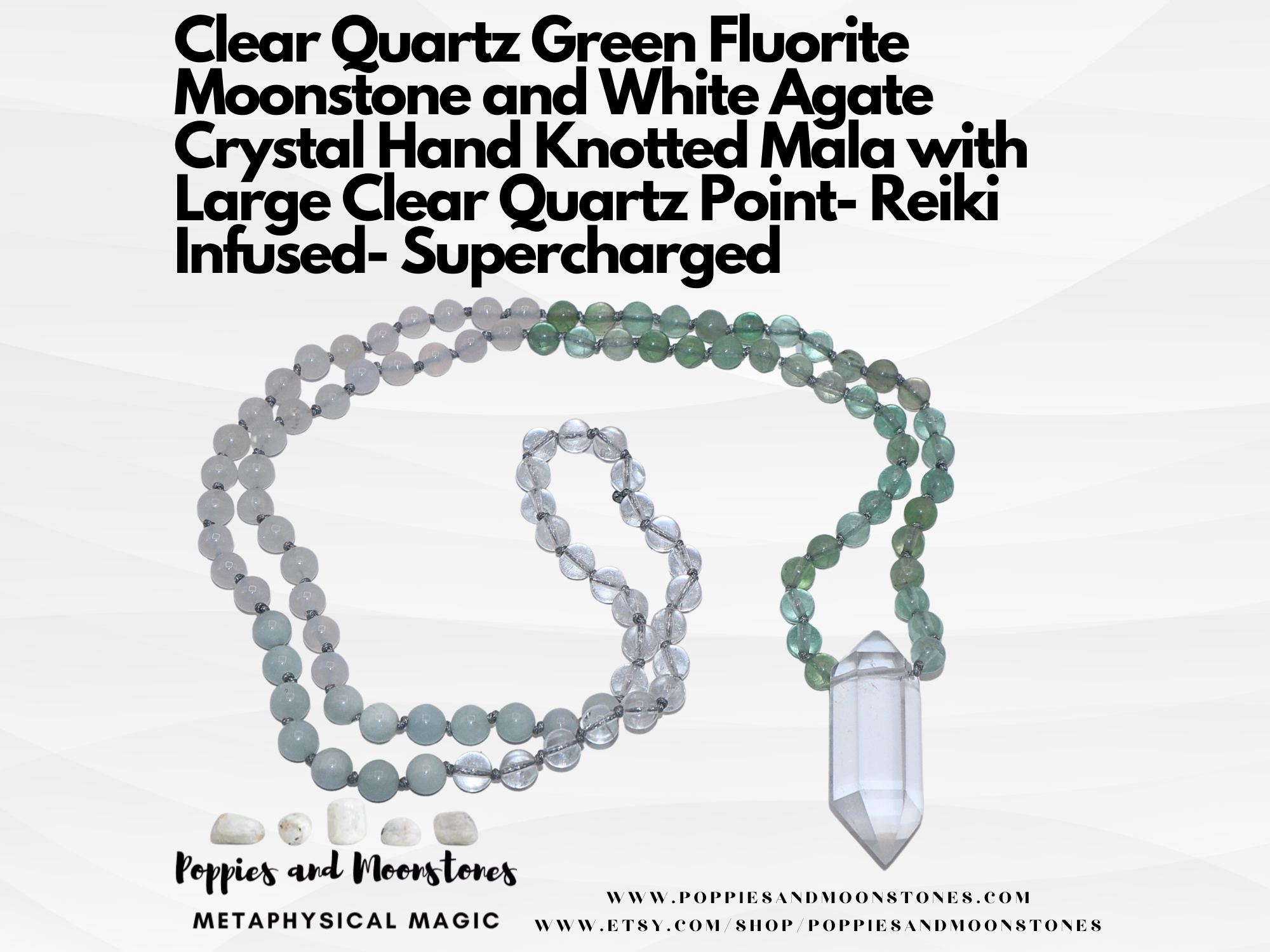 Clear Quartz Green Fluorite Moonstone and White Agate Crystal Hand Knotted Mala