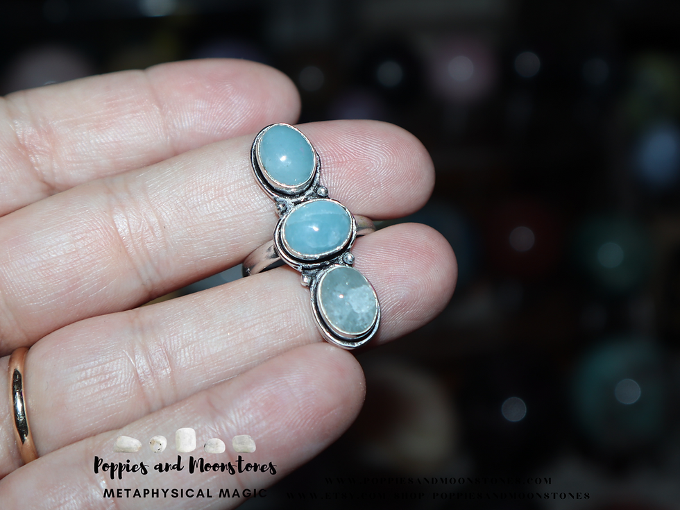Thumbnail: Supercharged Aquamarine Three Crystal Sterling Silver Ring Size 8- Reiki Infused