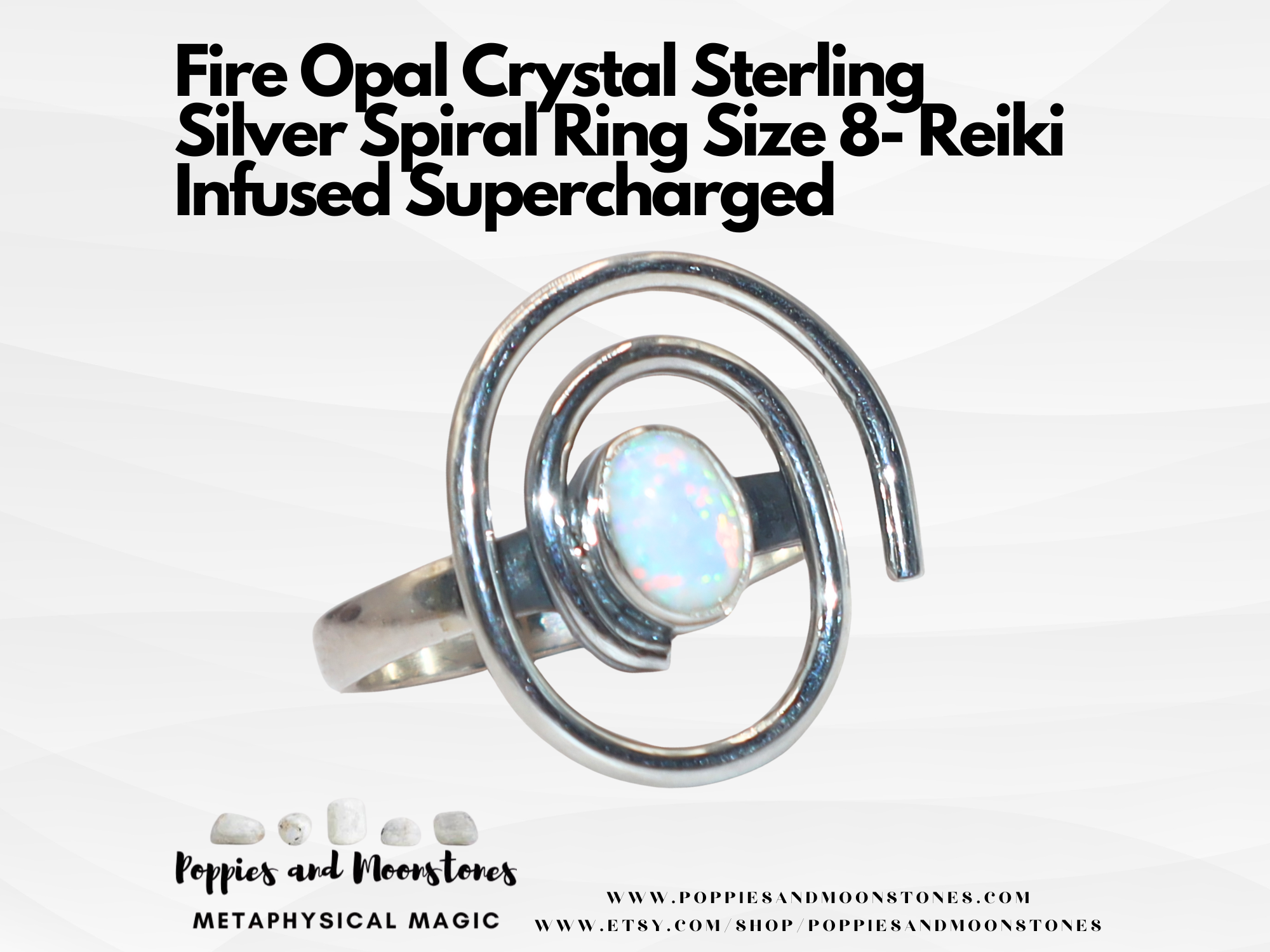 Fire Opal Crystal Sterling Silver Spiral Ring Size 8- Reiki Infused Supercharged