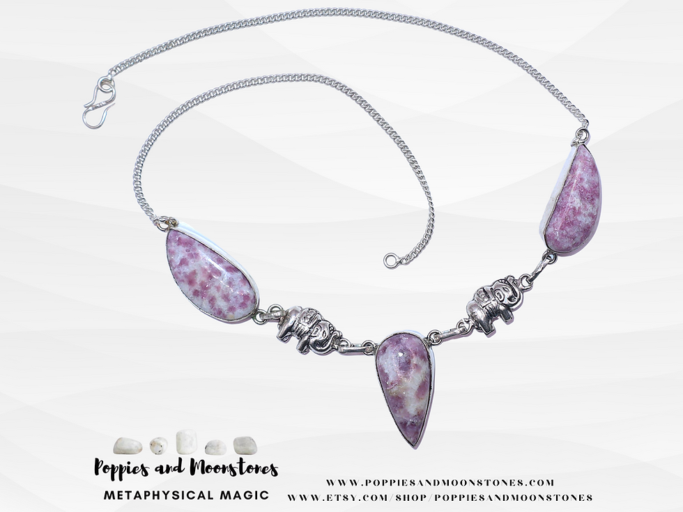 Thumbnail: Supercharged Lepidolite Crystal Trio Sterling Silver Necklace with Elephants