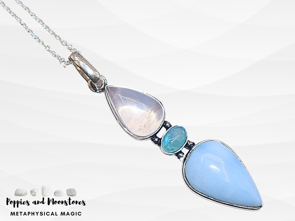 Thumbnail: Rose Quartz Larimar Owyhee Blue Opal Crystal Trio Sterling Silver Reiki Necklace