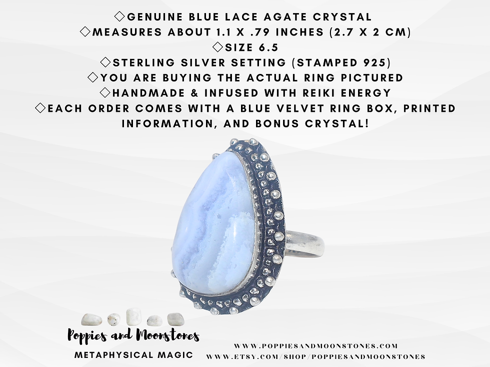 Thumbnail: Blue Lace Agate Crystal Sterling Silver Ring Size 6.5 Reiki Infused Supercharged