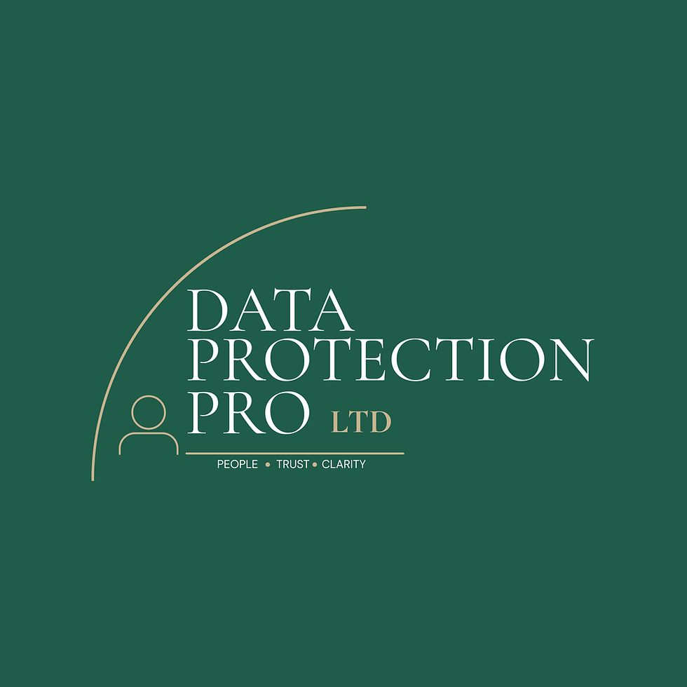 Square logo for Data Protection Pro Ltd on a dark green background with gold line art and serif text