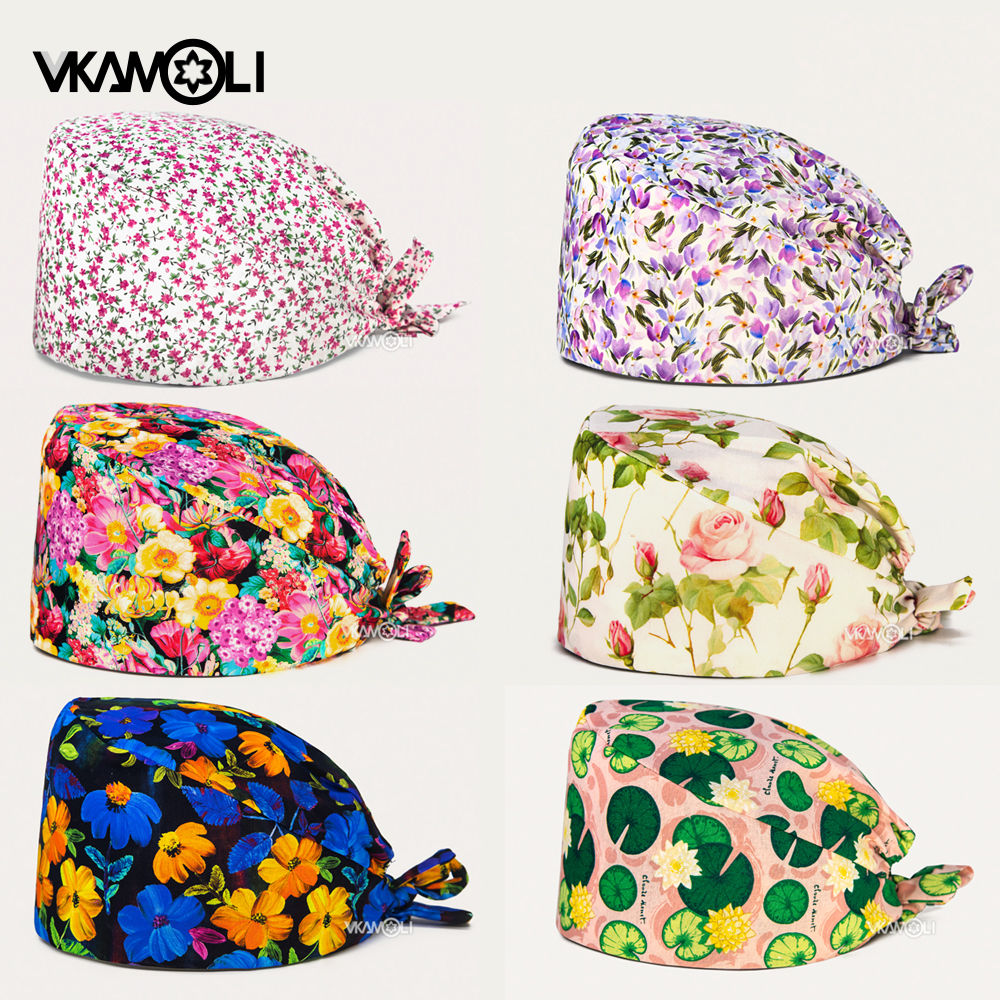 Flower Printing Hats Scrubs Women Health Service Workers Adjustable Caps Be