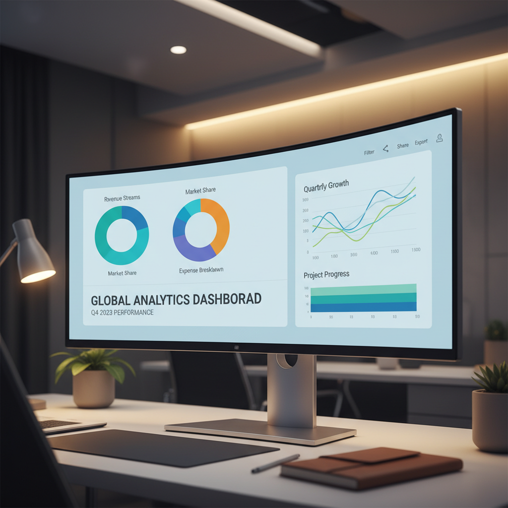 A professional office setting showing a high end computer monitor displaying a clean modern digital