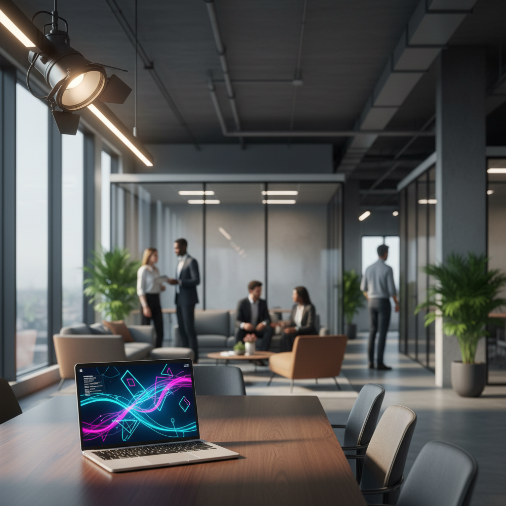 A wide sweeping landscape composition showcasing a modern minimalist office bathed in soft natural l