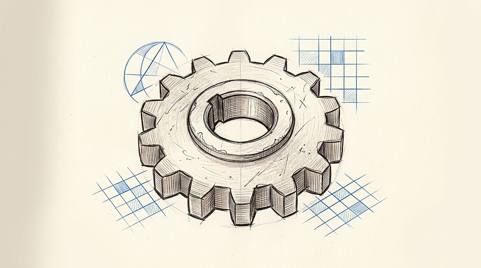 A weathered metal gear surrounded by abstract geometric grid patterns that suggest error correction processes.